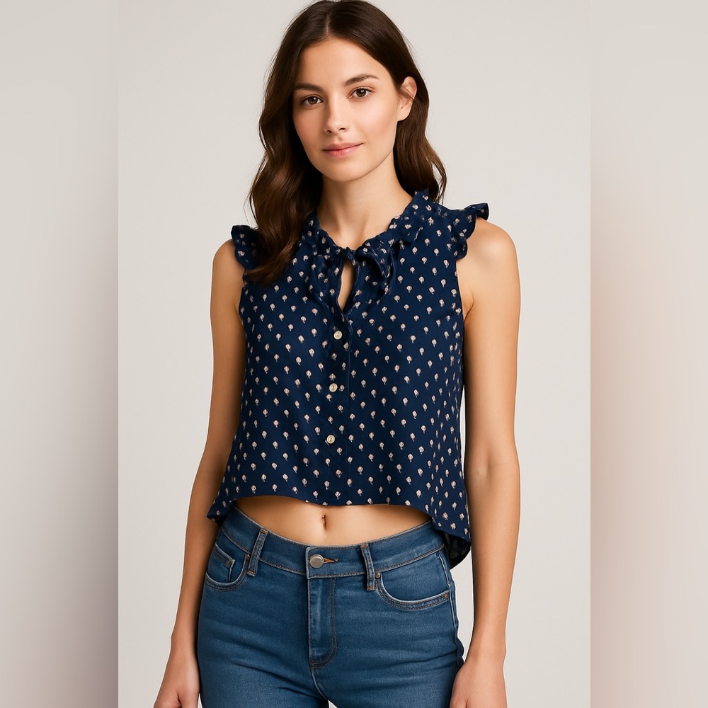 Free People Navy Geo High Low Sleeveless Top Ruffle Neckline Detail EUC XS #2377